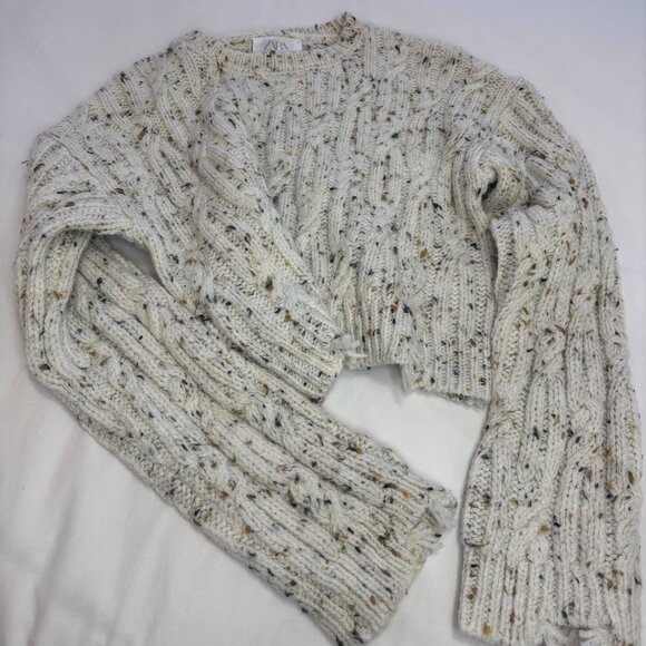 ZARA KID'S GIRL Cream Flecked Distressed Cropped Cable-Knit Sweater, 13-14 Years - Picture 14 of 14